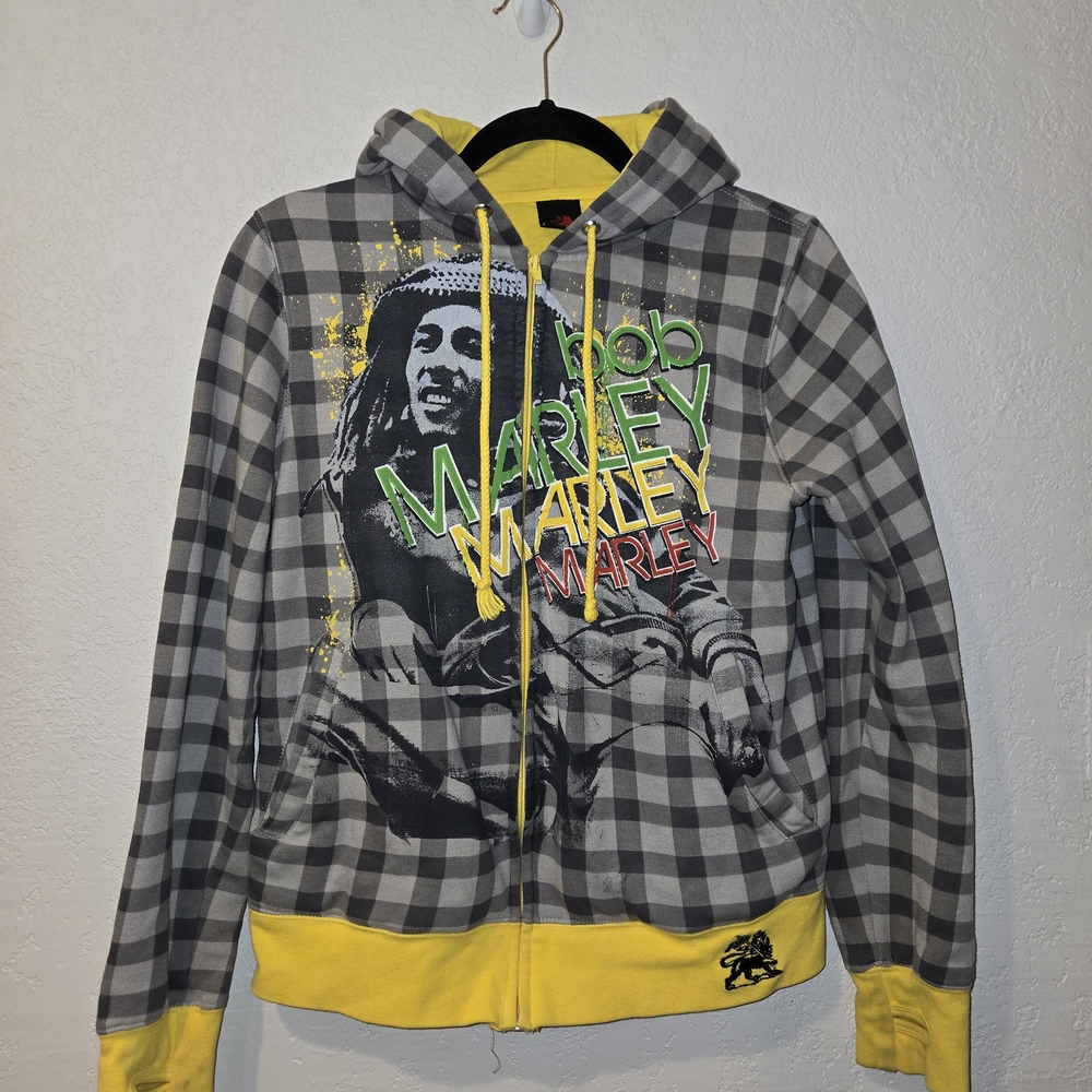 Zion Rootswear Y2K Bob Marley Hoodie with Gray Accents Yellow Lined